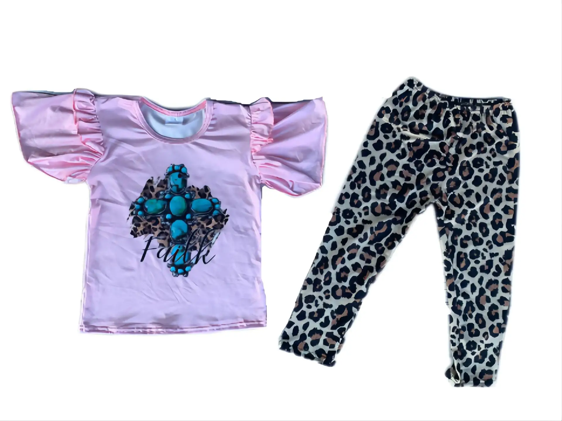 

Baby Girls Clothes Sets Short Ruffle Sleeve Cross Printing T-shirts and Leopard Pants for Newborn Children Toddler Kids Summer