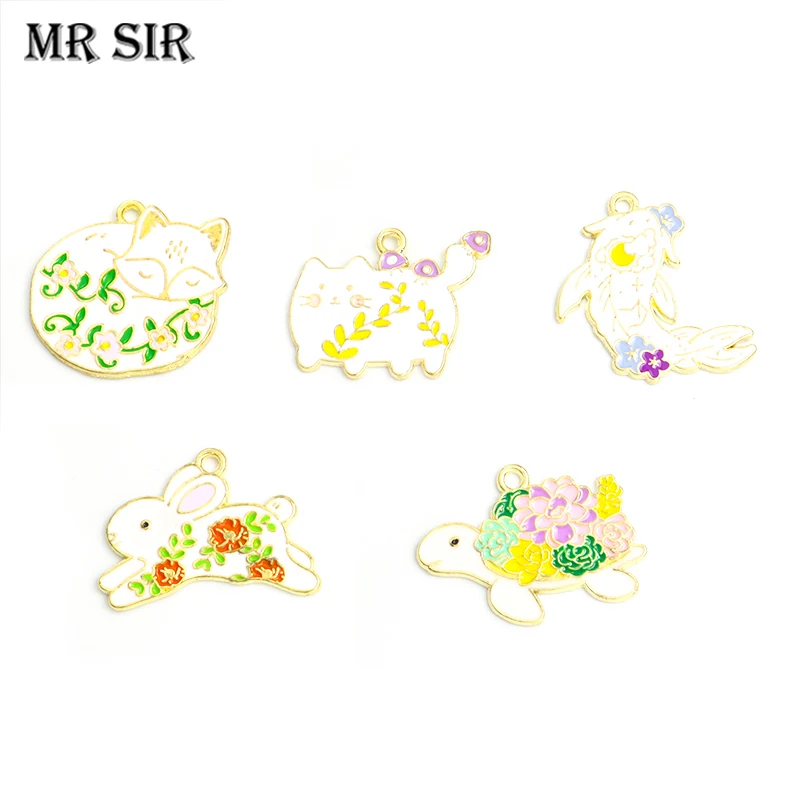 

10pcs Creative Flower Fox Rabbit Cat Enamel Charms For Jewellry Making Plant Turtle Fish Animals Pendants DIY Crafts Accessories