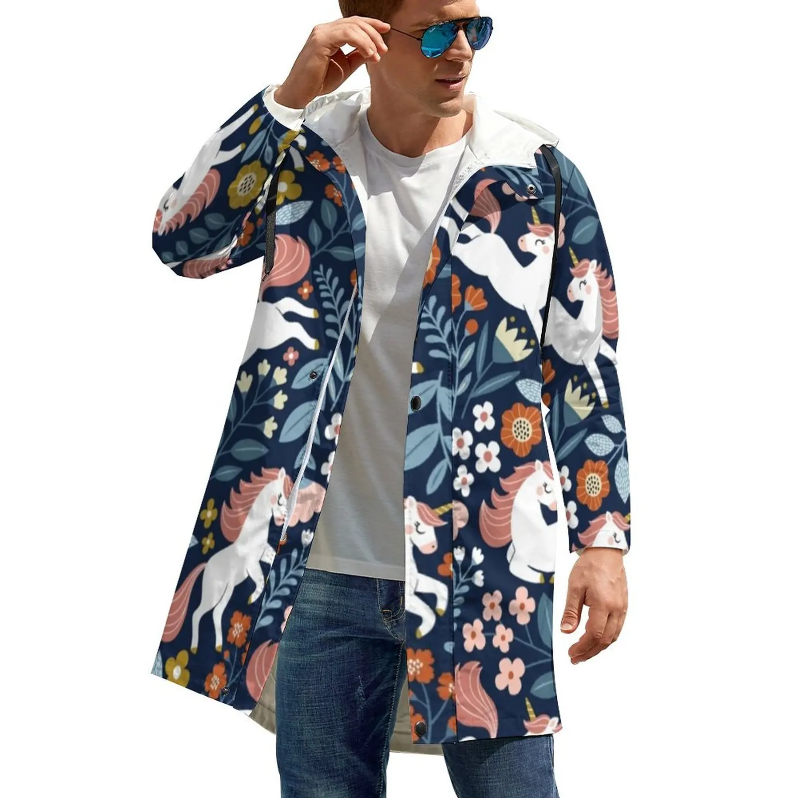 

Cute Unicorn Windbreak Mens Floral And Leaf Print Long Coats Street Style Graphic Winter Jackets Casual Loose Clothes Large Size
