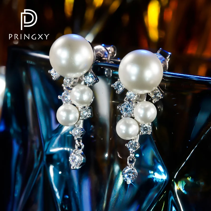 

PRINGXY Light Luxury Ins Retro Sterling Silver Faux Pearl Inlaid High Carbon Diamond Flower Shape Earrings Gift