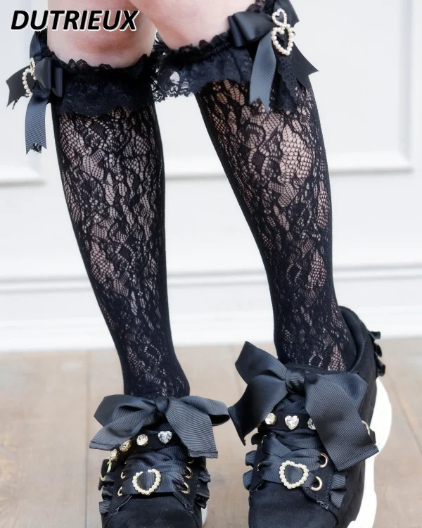 

Kawaii Girls All-matching Long Socking Handmade Sweet Lolita Bow Pearl Heart Pendant Lace Mid-Calf Crew Socks Stocking