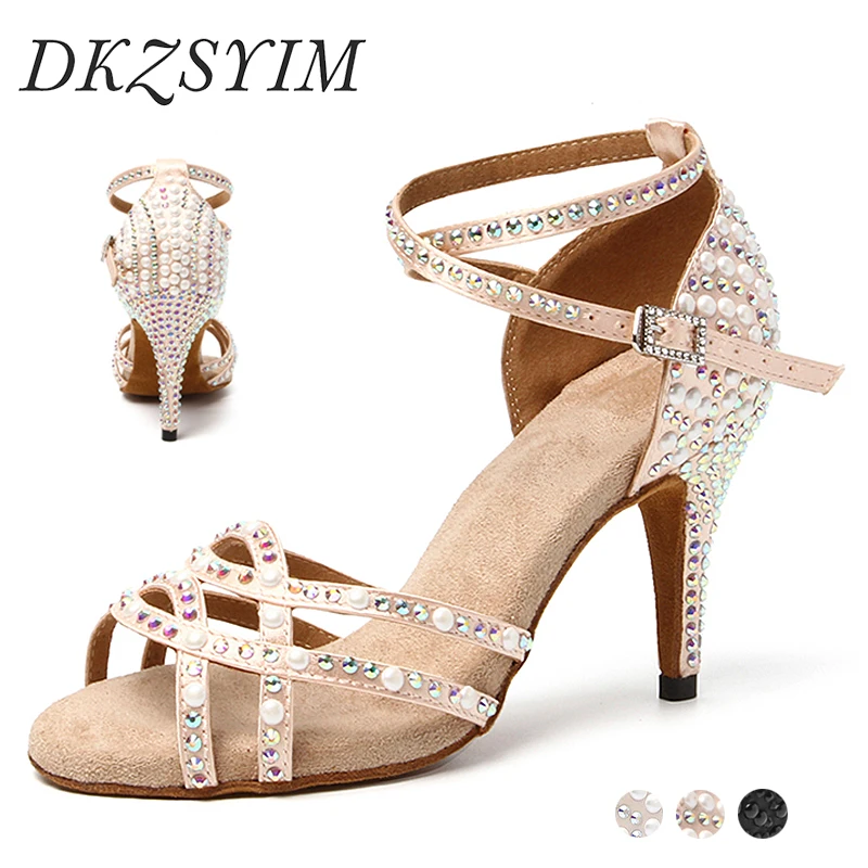 

DKZSYIM Women Dance Shoes Latin With Rhinestones Pearl Ballroom Salsa Shoes For Dancing Girls Shining Latin Dance Shoes 6-10cm