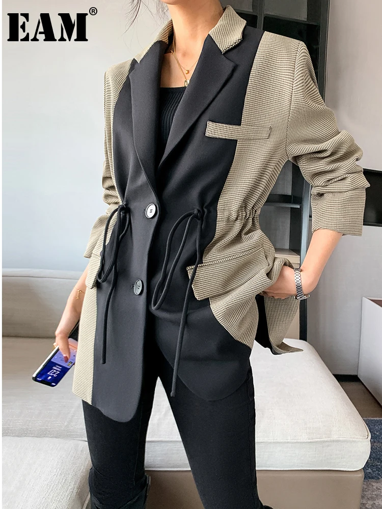 [EAM]  Women Black Plaid Drawstring Big Size Blazer New Lapel Long Sleeve Loose Fit Jacket Fashion Spring Autumn 2023 1DF0187