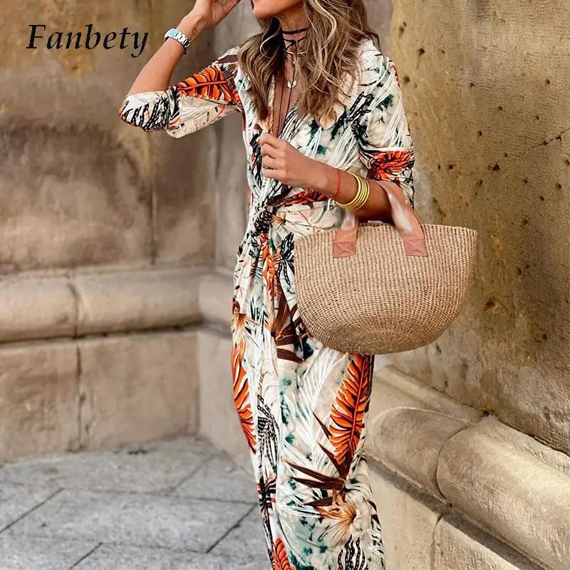 

Женское длинное платье в стиле ретро, элегантное весеннее облегающее платье с V-образным вырезом, длинным рукавом и принтом листьев, 2023