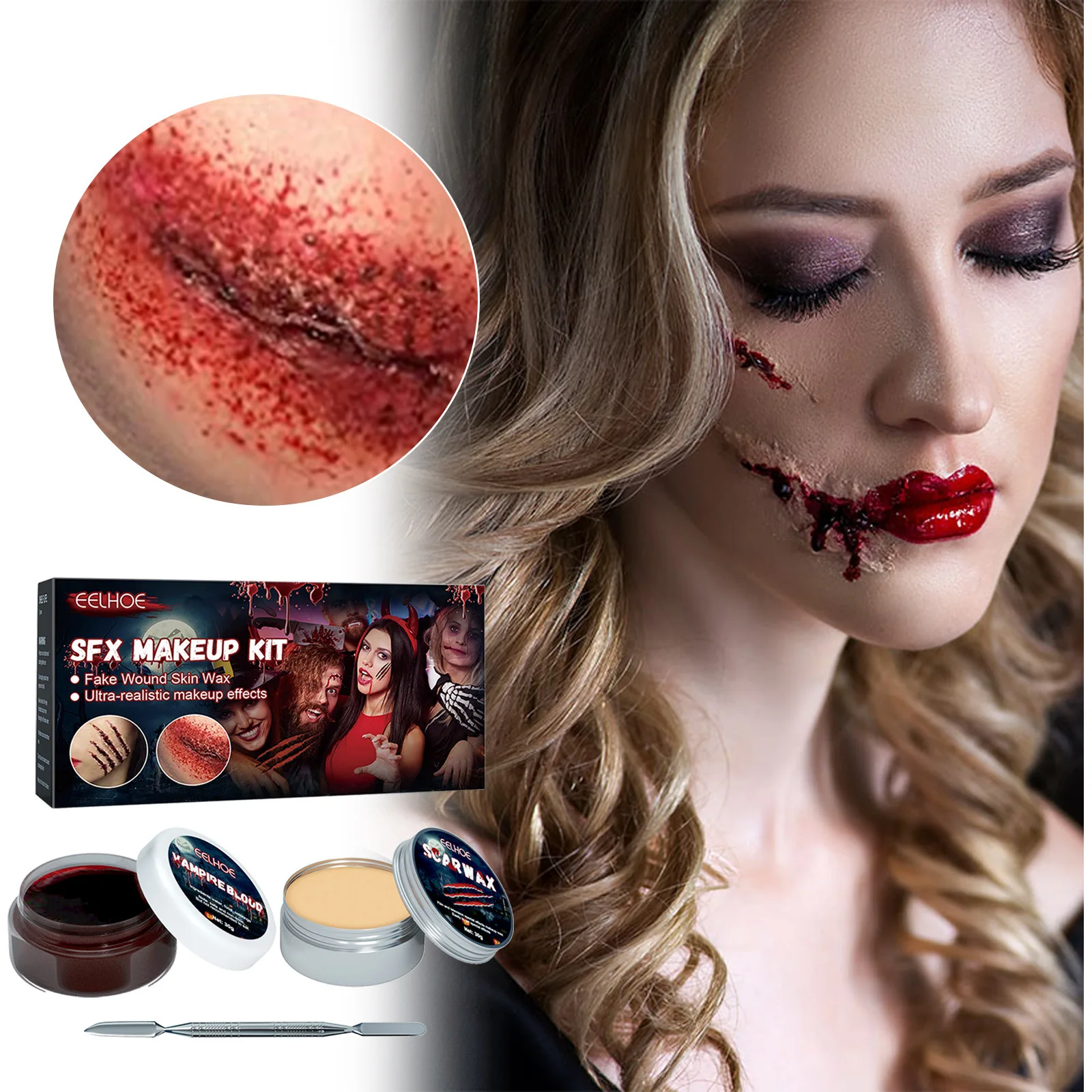 

3Pcs Scar Wax Set Makeup Skin Wax Special Effects Halloween Stage Fake Wound Molding Scar with Spatula Scab Coagulated Blood Gel