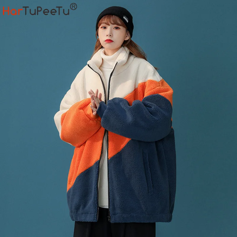 Warm Winter Lamb Fur Teddy Jacket Women Colours Block Streetwear Loose Hip Hop Girls Thick Coat