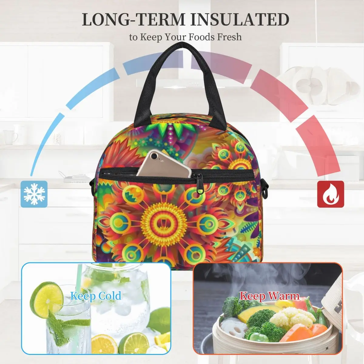 

Flower Power Peace Lunch Bag with Handle Retro Hippy 70s Carry Cooler Bag Travel Reusable Meal Thermal Bag