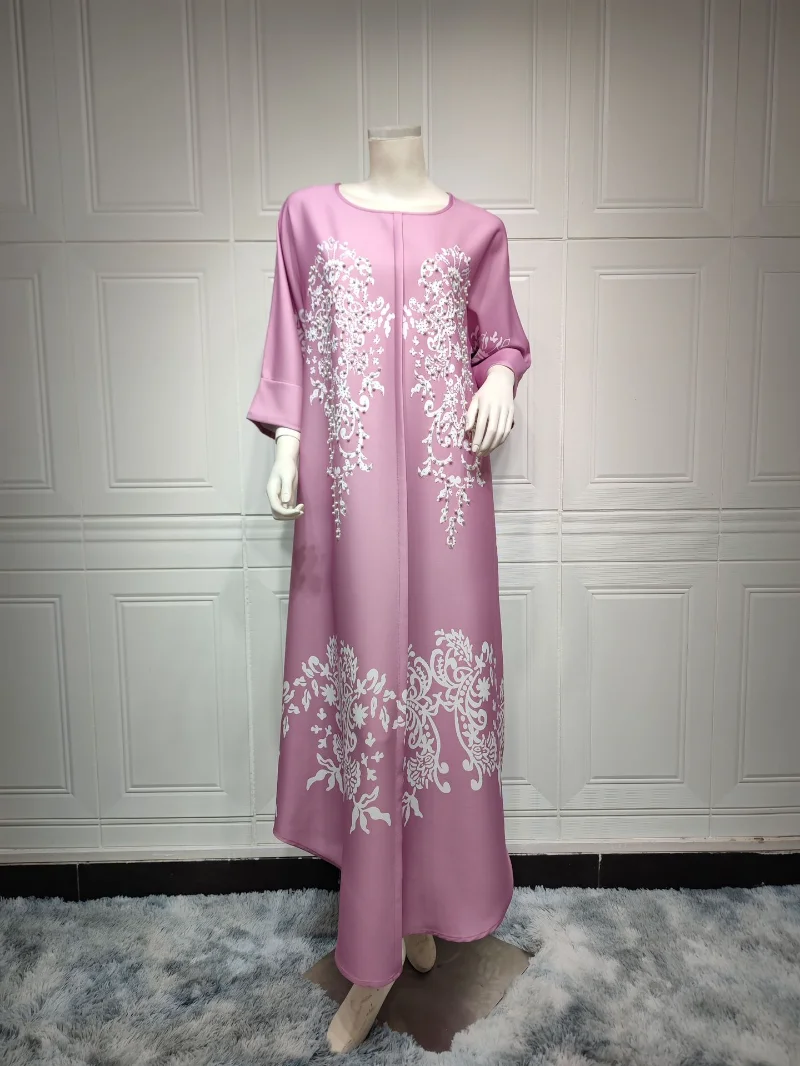 Abaya Dress Muslim Elegant Women 3/4 Sleeve Polyester Yellow Light Purple Long Abaya Muslim Fashion Dress Muslim Dress Women