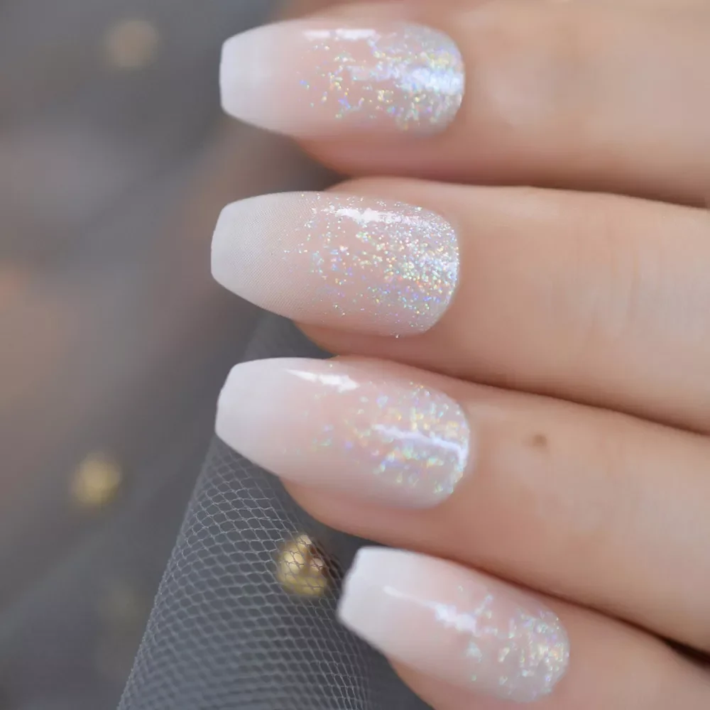 Glitter Pink Nude French Ballerina Coffin False Nails Gradient Natural Press on Fake Nails Tips Daily Office Finger Wear