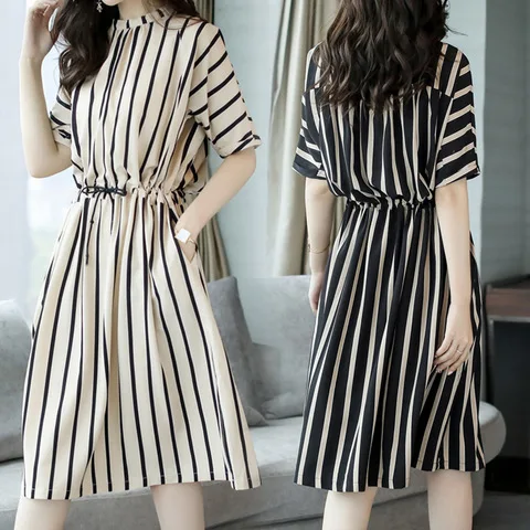 

Summer 2023 New Han Edition To Collect Small Temperament Show Tall Waist Long Stripe Dress In Fashionable Leisure Loose