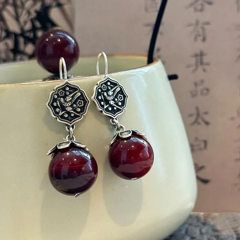 Серебряные серьги-сорока в стиле ретро 925, в этническом стиле, простые серьги с красными драгоценными камнями и круглыми бусинами, свадебные украшения