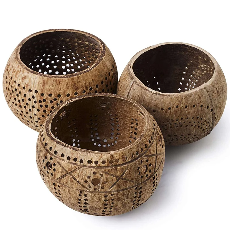 Coconut Shell Wood Candle Holders (Set Of 3) With Scented Tealight Candles - Boho Decor Votive