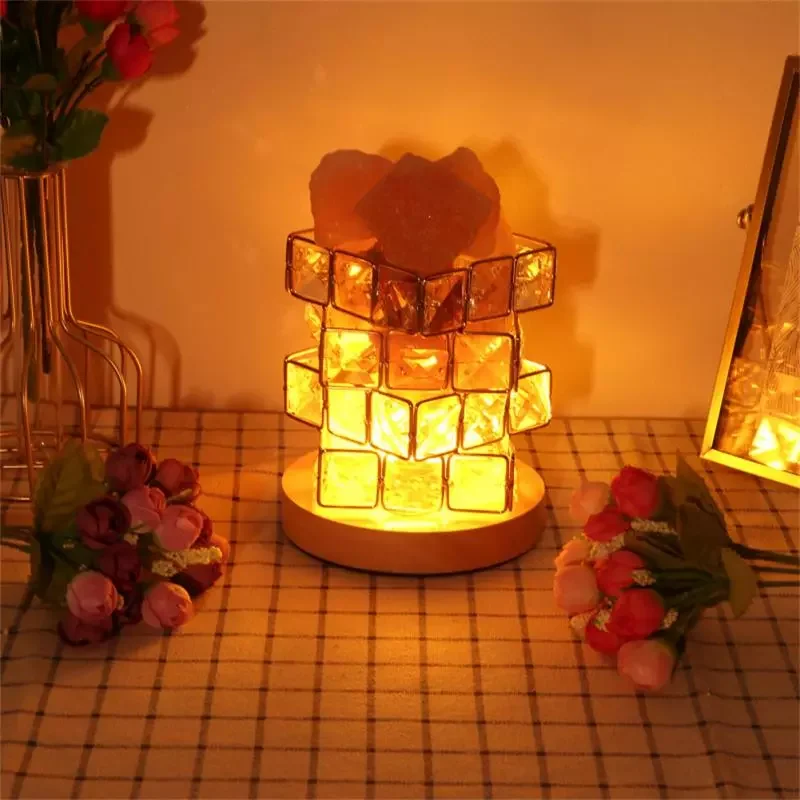 

Crystal Light Natural Himalayan Salt Lamp Led Lamp Wooden Base Iron Crystal Geometric Gift Night Light Bedside Lamp Gifts