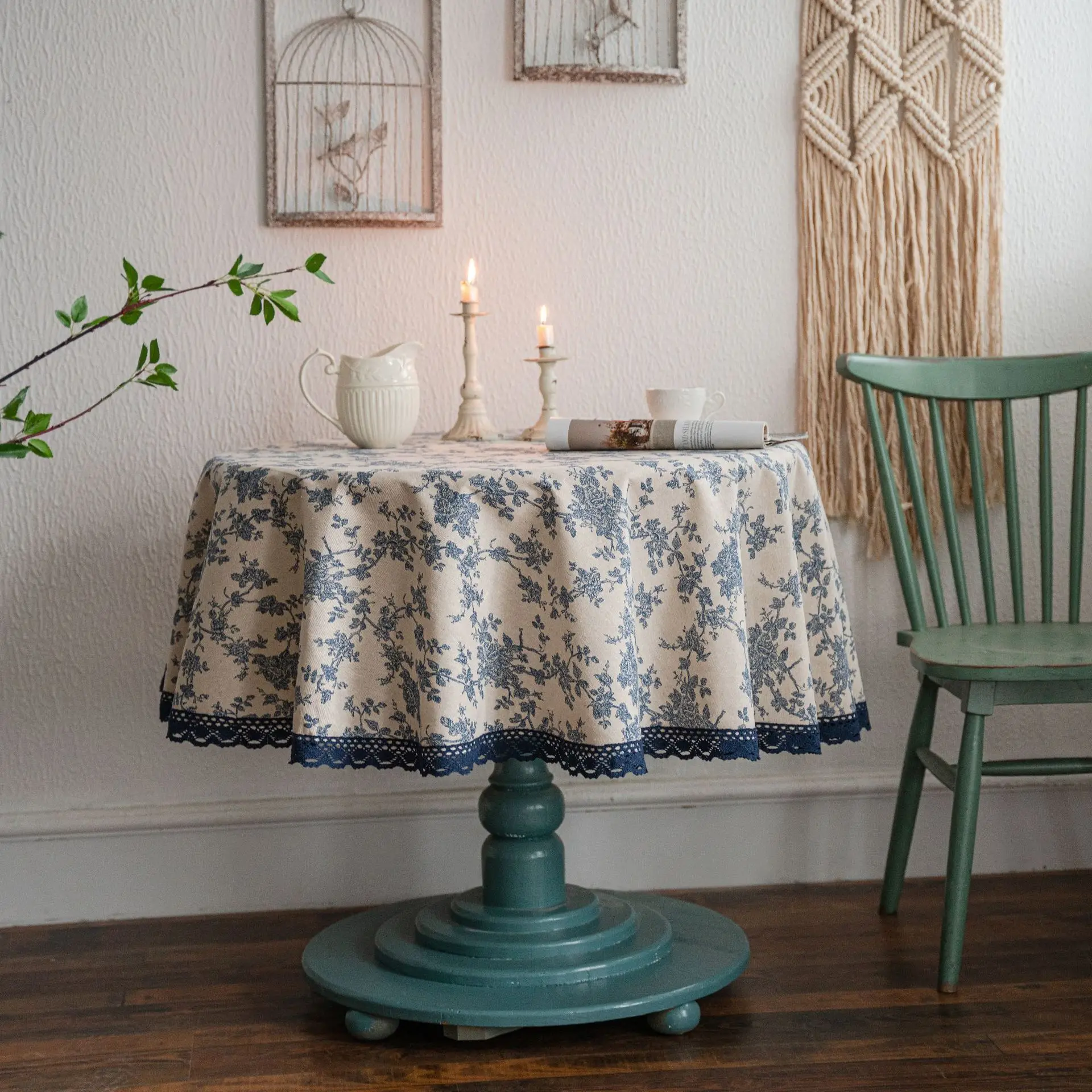 Blue Rose Printed Tablecloth Table Cloth Pastoral Cotton Linen Retro Round Cover for Dining Party Home Decoration |