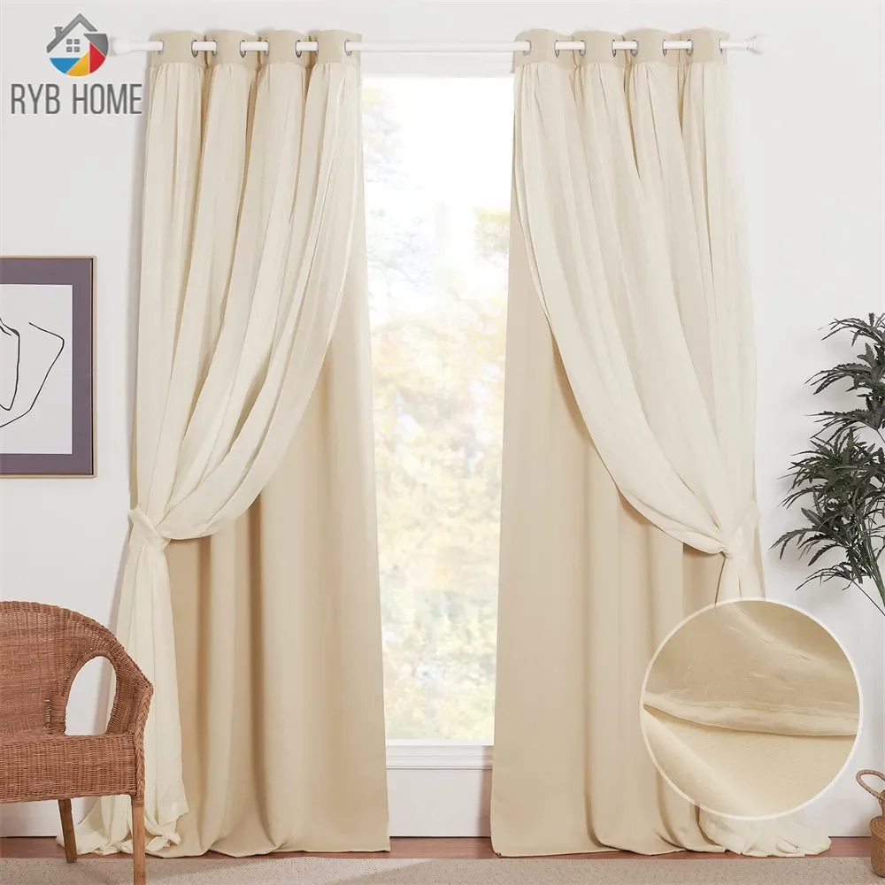 

NEW RYBHOME Grommet Double-Layer Mix Match Elegant Crushed Voile Sheer and Blackout Curtains with Tie-backs for Bedroom Living R