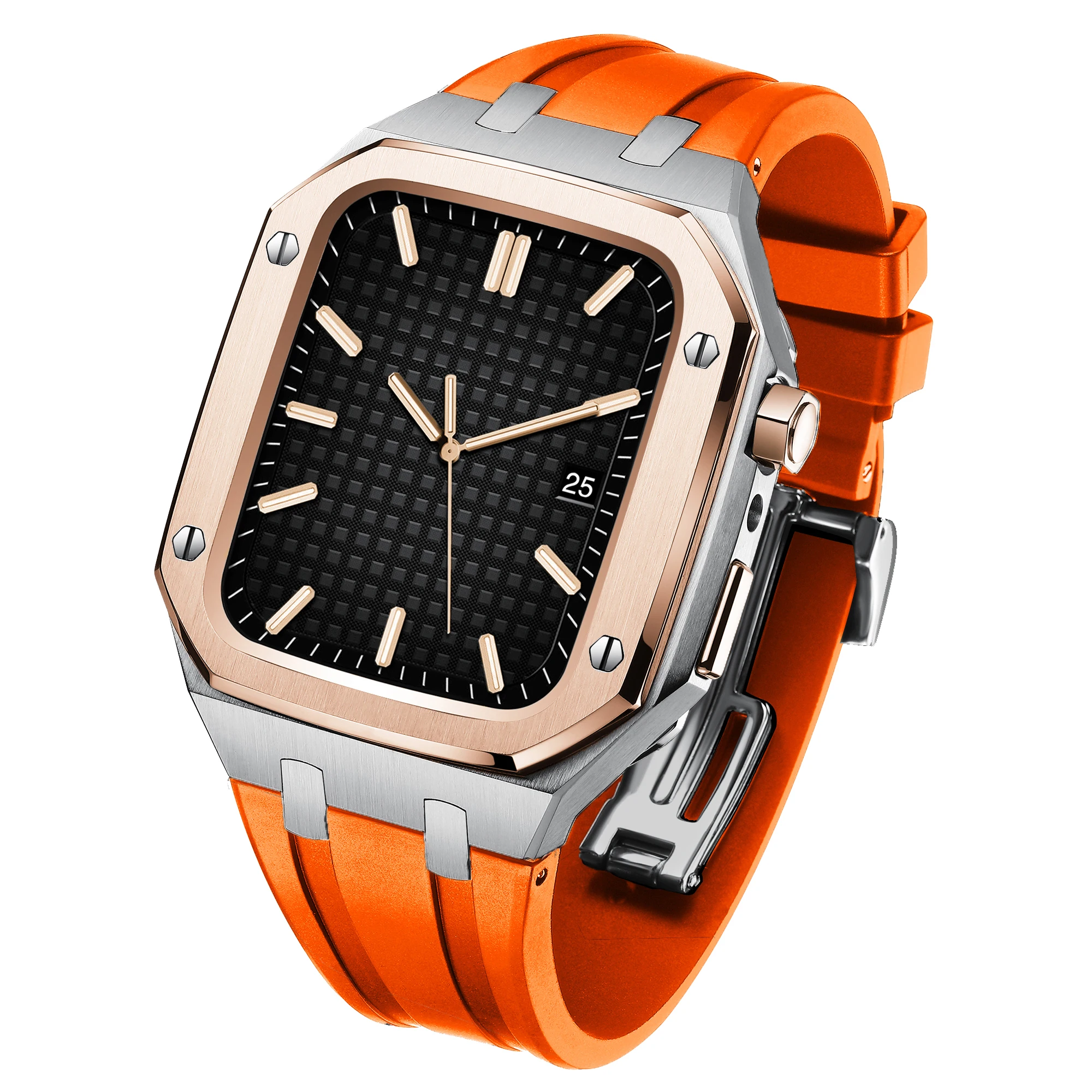 

Modification Kit Metal Case for Apple Watch 45mm 44mm 42mm 41mm Stainless Steel+Rubber strap for Iwatch series 7 6 SE 5 4 3 2 1