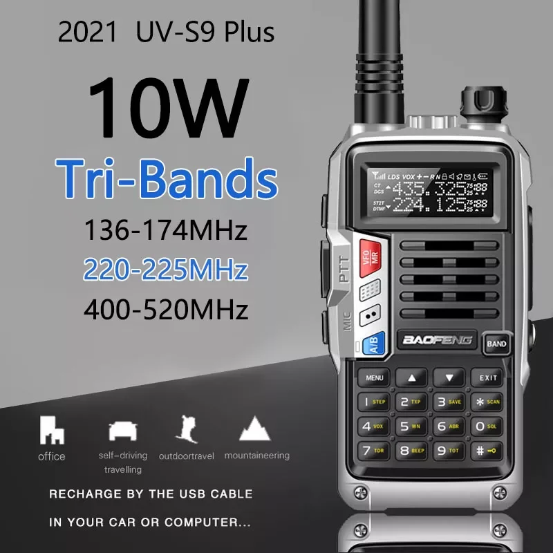 

UV-S9 Plus трехдиапазонное радио 10 Вт Высокая мощность 136-174 МГц/220-225 МГц/400-520 МГц рация Любительское портативное Любительское радио