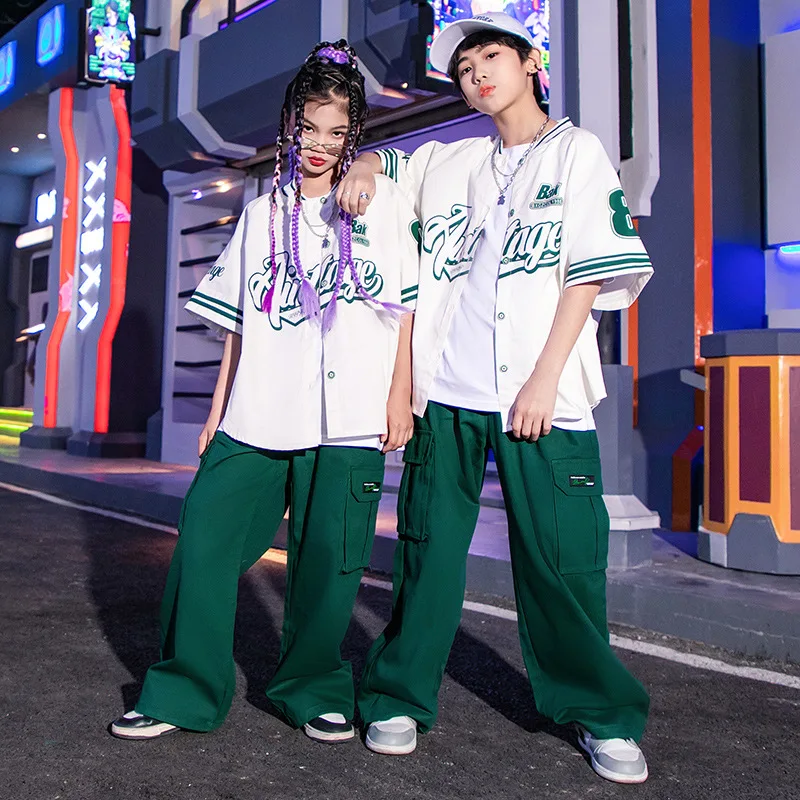 

Teenage Boys Girls Short Sleeve Shirt Cargo Pant Sets Children Streetwear Baseball Shirt Pant Kids Jazz Hip Hop Dance Clothes
