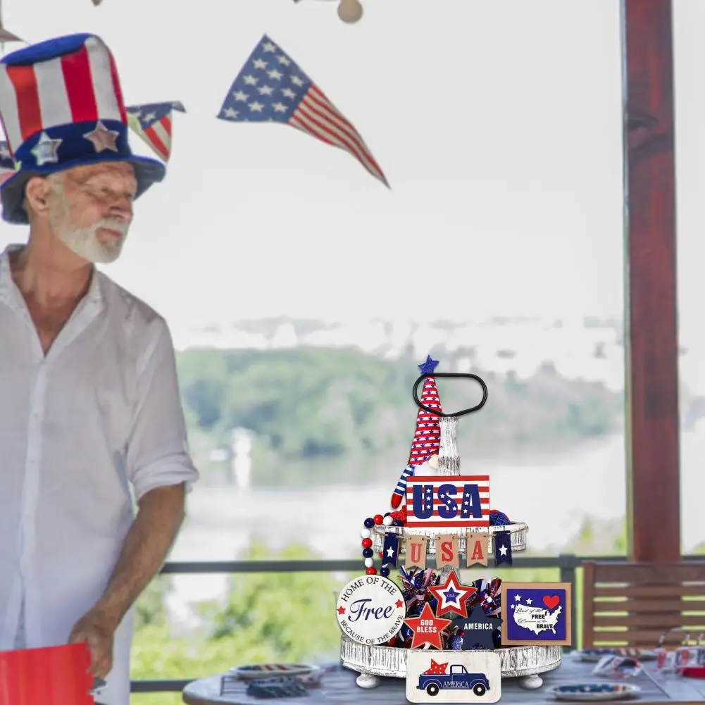 

Attractive Non-fading Patriotic 4th of July Independence Day Tiered Tray Ornament Boxwood Desktop Tray Sign Festival Supply