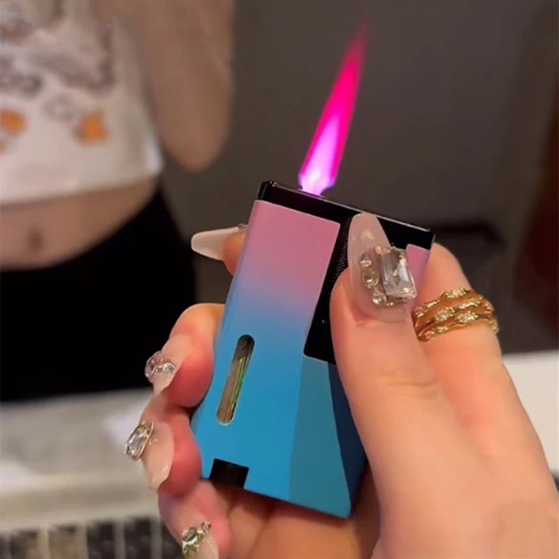 

New Metal Mini Gradient Lighter Windproof Ultra Thin Direct Spray Red Flame Visible Gas Inflatable Lighter Creative Gift