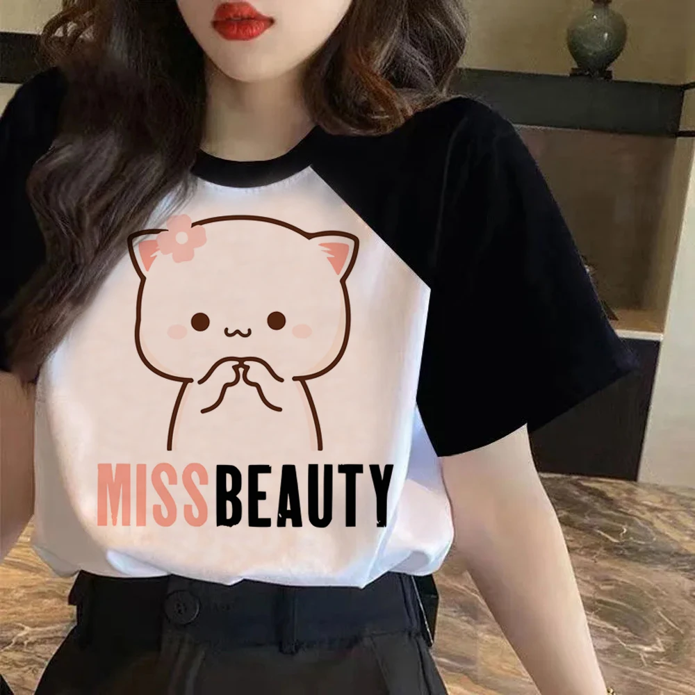 Фото Kawaii персик и Гома мочи кот любовь печать футболка Женщины Y2k одежда мультфильм смешная футболка Harajuku аниме унисекс футболка женская №4