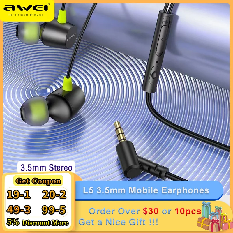 

Awei L5 3.5mm Mobile Wired Earphones Free Shipping In-ear Sport Headphone Mini Stereo Earbuds Braided Cable Microphone Headphone