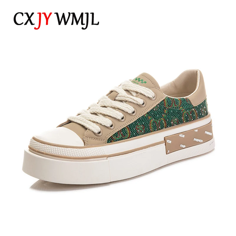 

CXJYWMJL Genuine Leather Women's Platform Sneakers Printed Casual Vulcanized Shoes Summer Ladies Rhinestones Little White Shoes