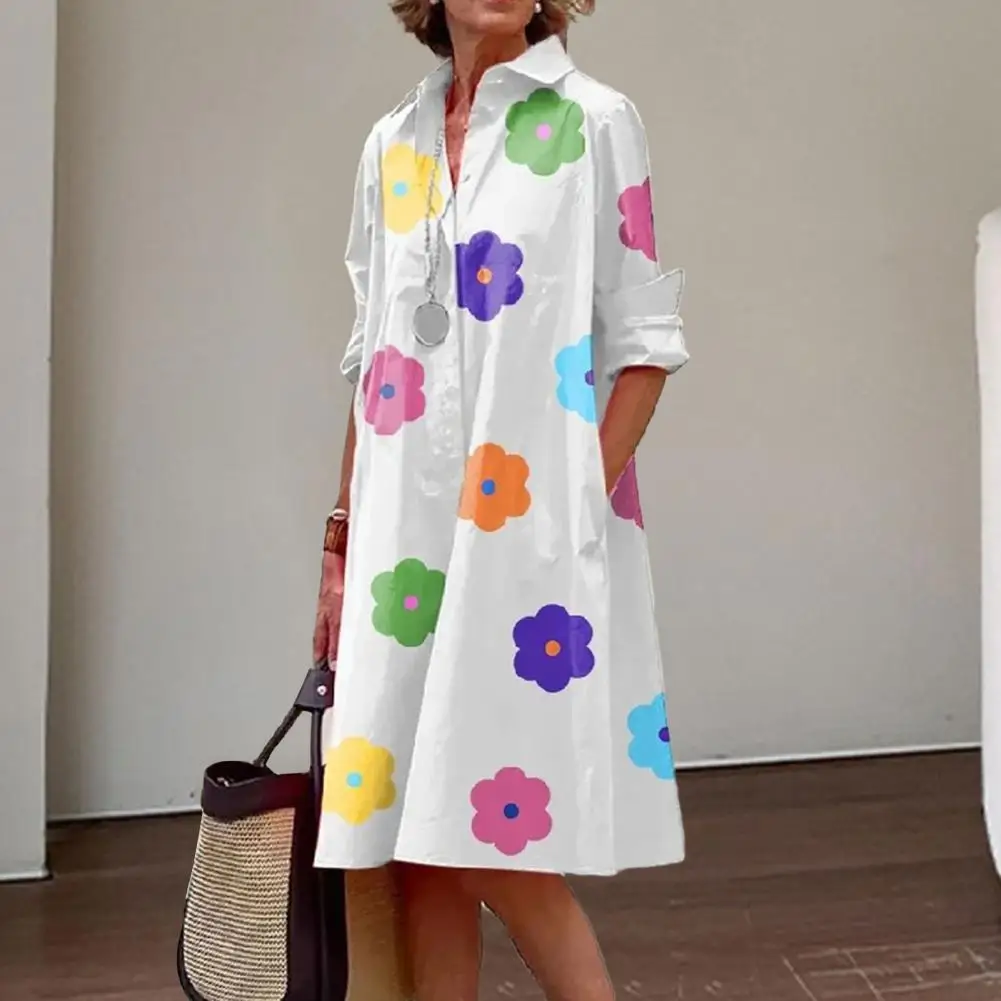 

Women Midi Dress Floral Print Knee Length Midi Dress with Lapel Loose Fit Pockets for Fall Spring Fashion Lady Dress