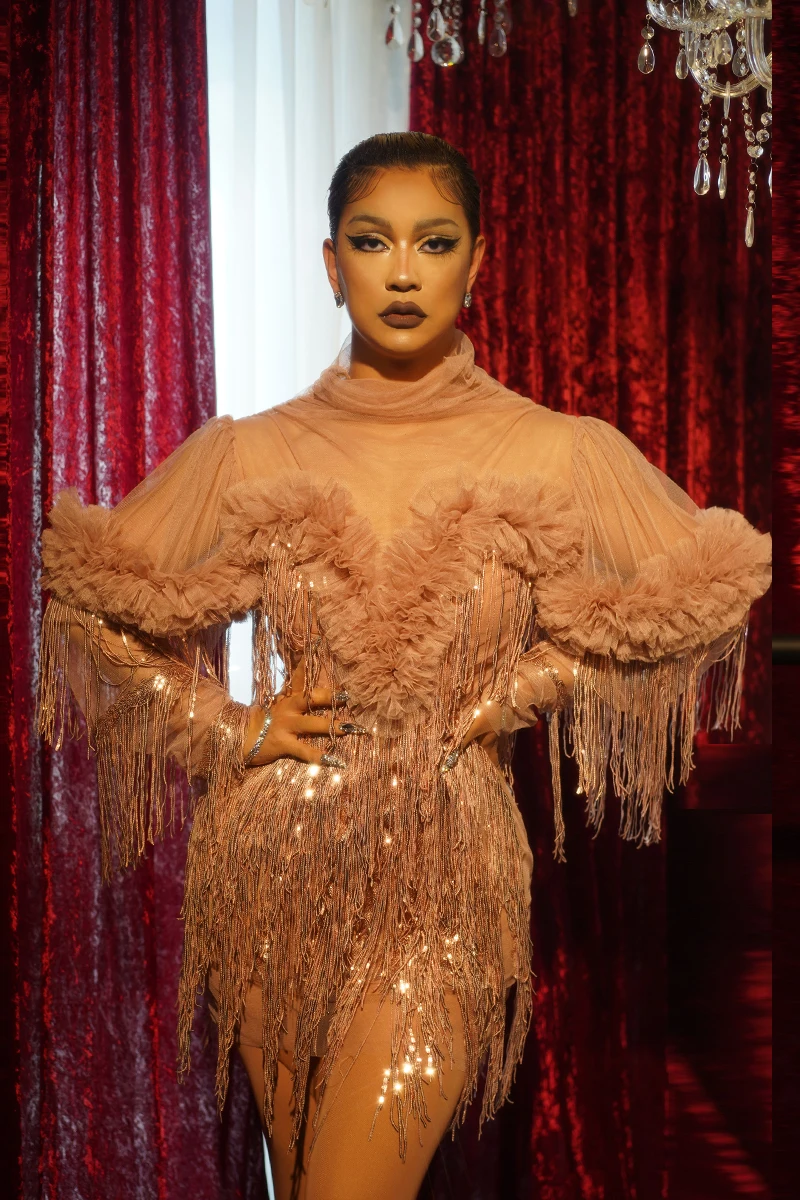 Женские сетчатые вечерние платья цвета шампанского с бахромой танцовщица певица