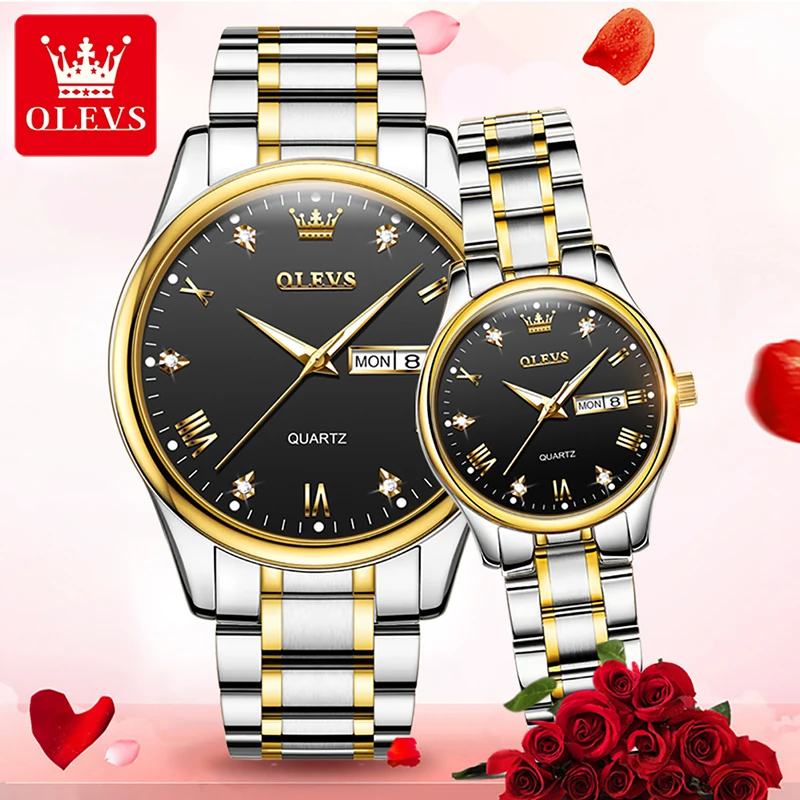 OLEVS Fashion Couple Wristwatches Stainless Steel Strap Waterproof Weekly Calendar Luminous Quartz Watches Casual Clock 5563