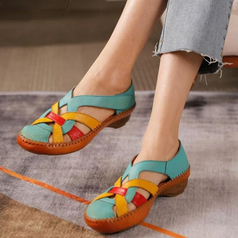 

Female Genuine Leather Mixed Colors Shoes for Women Sandals Retro Hook Loop Sandalias Mujer 2022 Summer Handmade Ladies Sandals