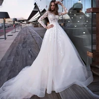 elegant o neck wedding dress with long sleeve lace appliques beach button bride gown a line big sweep train tulle abito da sposa