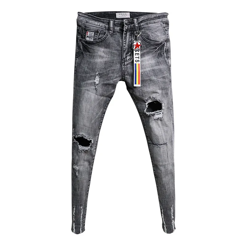 

Ripped Pants Trendy Men's Slim Jeans Korean Retro Ankle Length Pants Teenager Social Youth Feet Pants Hair Stylist Pencil Pants