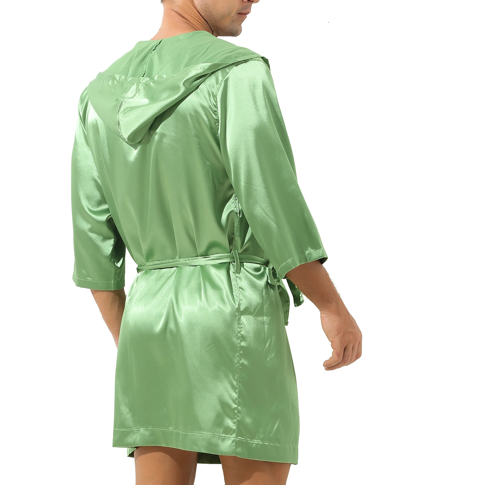 Mens Robe Sets Loungewear Open Front Hooded Night-robe Satin Sleepwear Belted Kimono Half Sleeve Bathrobe Nightwear