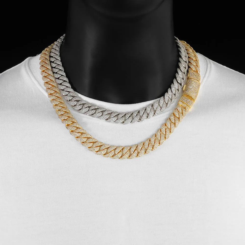 Фото Изысканное колье-цепочка Cuban Link 14 мм с 3 рядами бриллиантов, инкрустированное латунью и блестящими фианитами, с модным дизайном застежки, в стиле хип-хоп №1