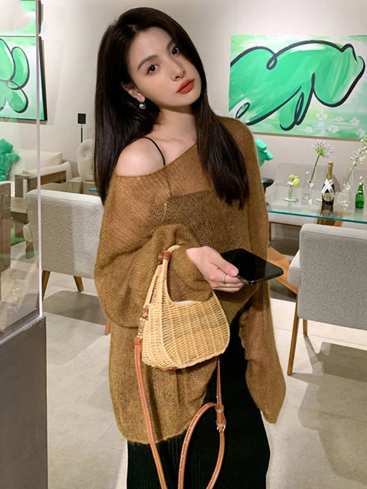 

2023 Summer Harajuku Loose Hollow Out Thin Knitted Shirt Women Long Sleeve Loose Pullover Tops Y2k Solid O Neck Aesthetic Jumper