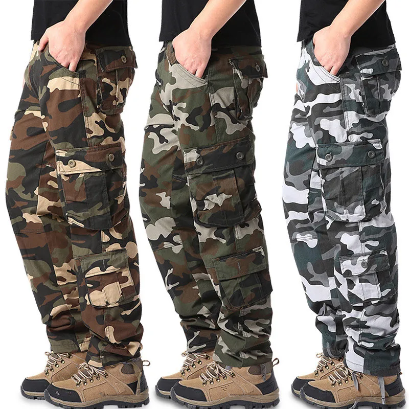 

Мужские камуфляжные брюки-карго в стиле милитари, повседневные хлопковые мешковатые прямые брюки со множеством карманов в стиле хип-хоп, тактические армейские длинные брюки