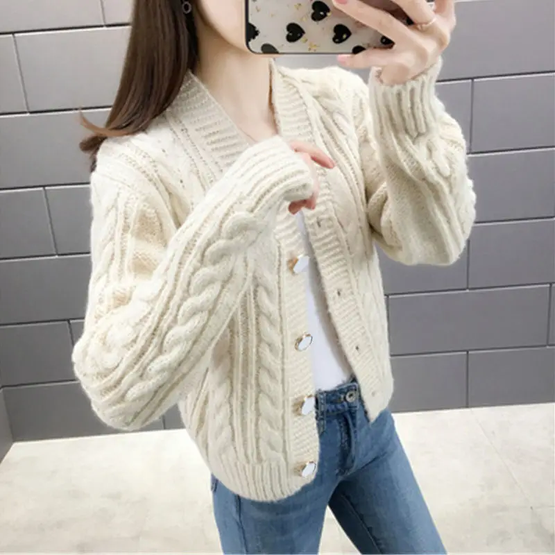 

Beige Women's Knitted Solid Color Sweater Cardiga Ladies Jacket Autumn Winter Button Fashion College Style V-neck Casual Tops