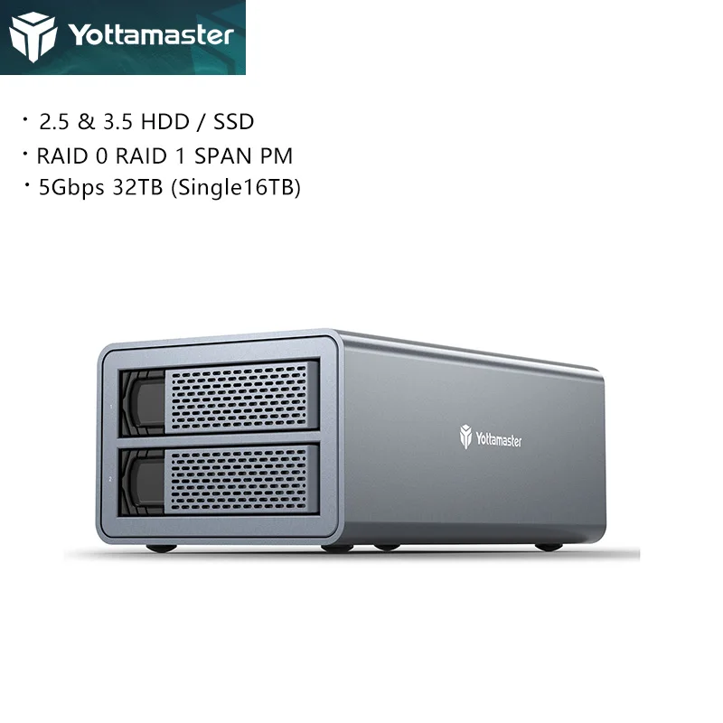 

Yottamaster FS2 2 Bay RAID Hard Drive Enclosure USB3.0 to SATA3.0 External HDD Docking Station Hard Drive Case for HDD 2.5"3.5"