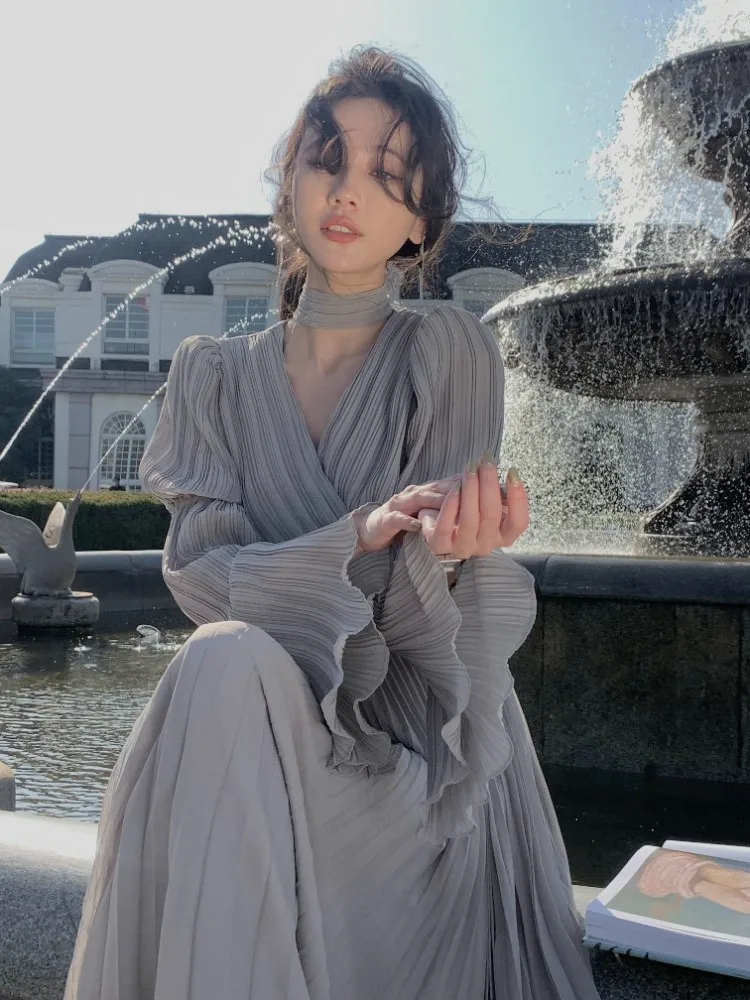 

Женское шифоновое платье с V-образным вырезом, Элегантное повседневное офисное платье средней длины во французском винтажном стиле, весна ...