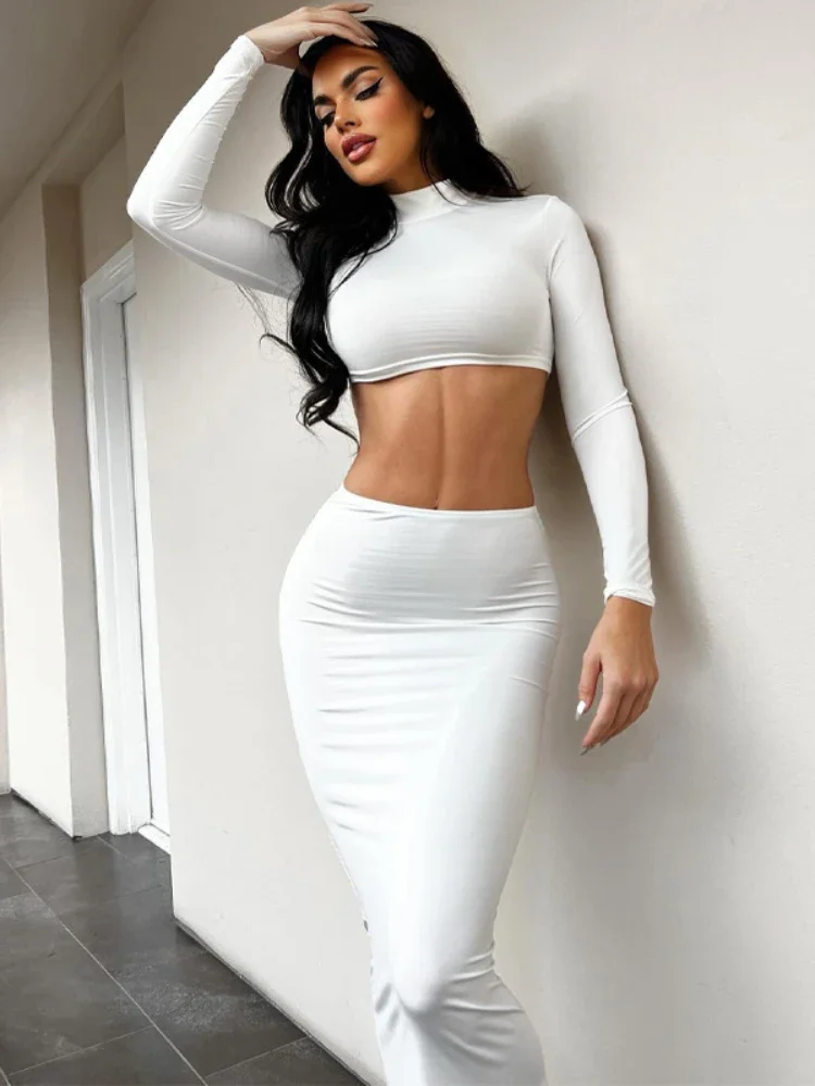 

Women 2023 Spring New Solid Color Casual Long Sleeve High Neck Top Pleated Long Dress Two Piece Set Conjuntos Feminino Elegante