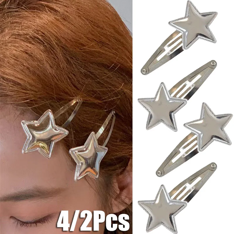 

4/2pcs Silver Five-pointed Stars BB Clip Hairpins Y2K Barrette Hair Clip Hairpin Headwear Girl Hairstyle Tool Hair Accessoiry