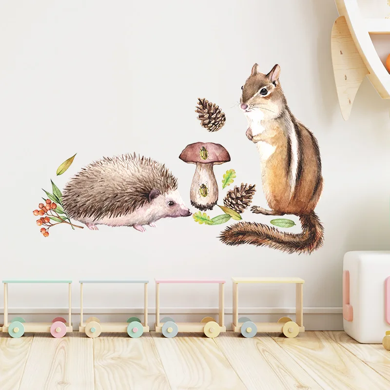 

PVC Animals Squirrel Hedgehog Food Collection Wall Stickers Children's Room Kindergarten Cartoon Decorations Kids Favor