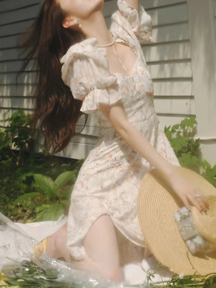 

French Elegant Vintage Dress Floral Chic Ruffle Short Sleeve Dress Boho Beach Evening Party Fashion Dress Women Summer 2022