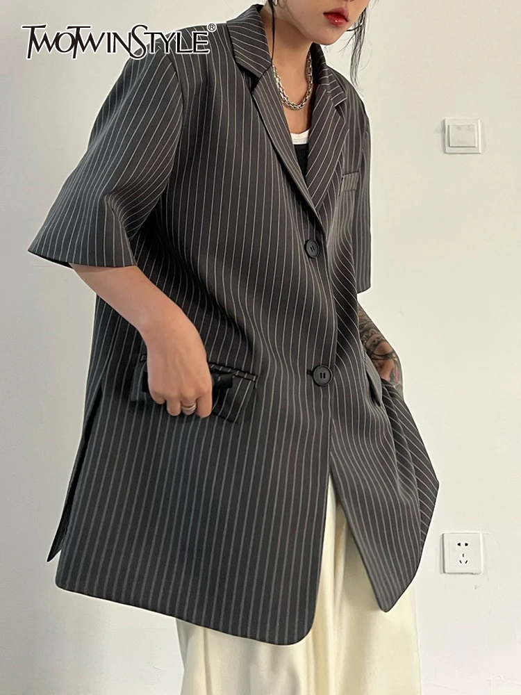 

TWOTWINSTYLE Korean Striped Colorblock Blazers For Women Notched Collar Long Sleeve Casual Fashion Blazers Female Clothing 2022