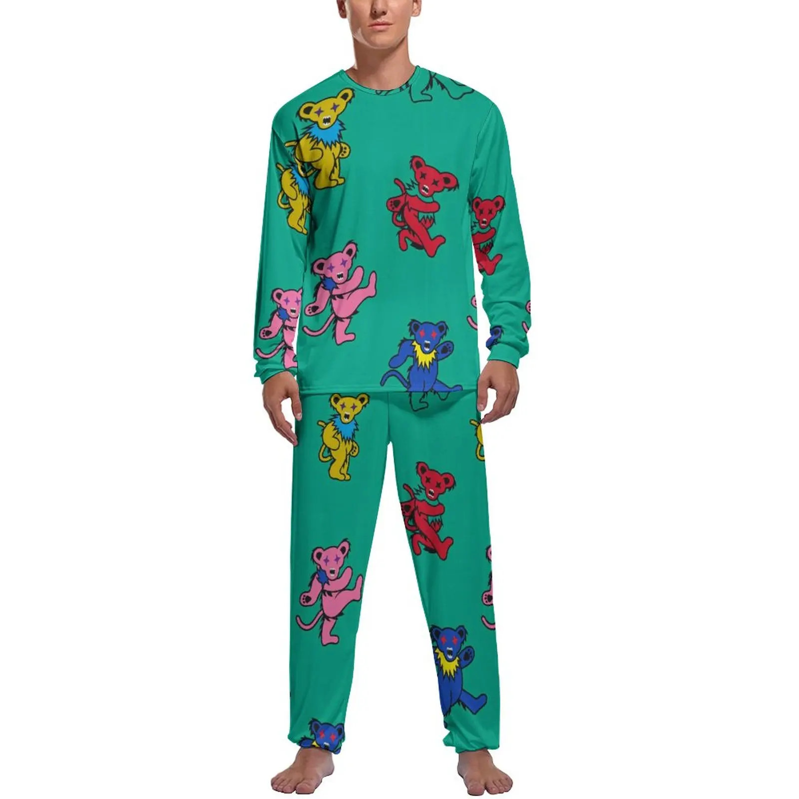 Colorful Bear Pajamas Men Funny Animal Print Trendy Nightwear Autumn Long Sleeve 2 Piece Casual Printed Pajama Sets