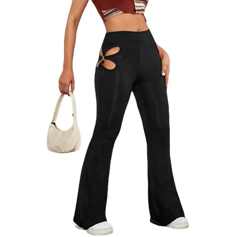 Hollow Out Leggings Womens High Waist Trousers Sexy Skinny Flared Stretch Leggings Women Brown Pants Outdoor Fitness Clothing