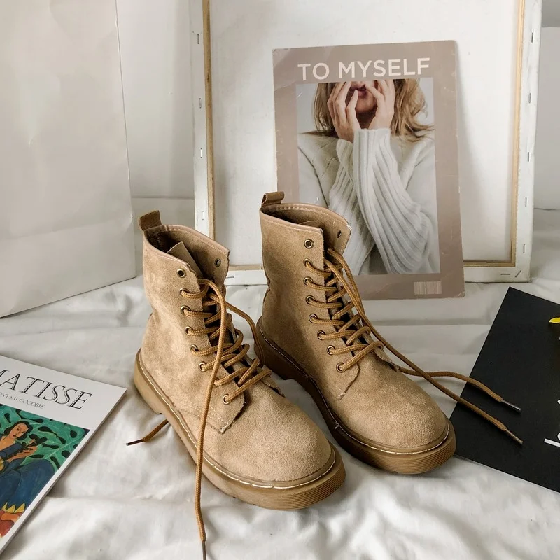 Spring Autumn 2022 Platform Boots for Women Fashion Retro Flock Ankle Riding Equestrian Square Heel Lace-up Shoes Woman Boots