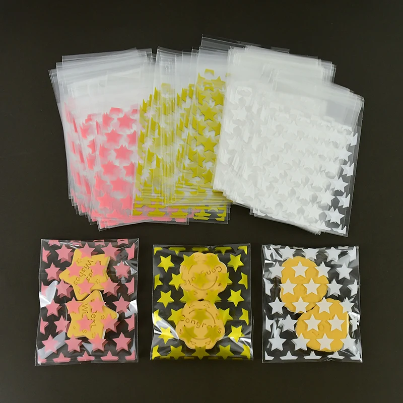 

100pcs 8*10cm Transparent Candy Bag Golden/Whitle/Pink Star Self-adhesive Bag Wedding Candy Gift Plastic Cookie Bags Kids Favors