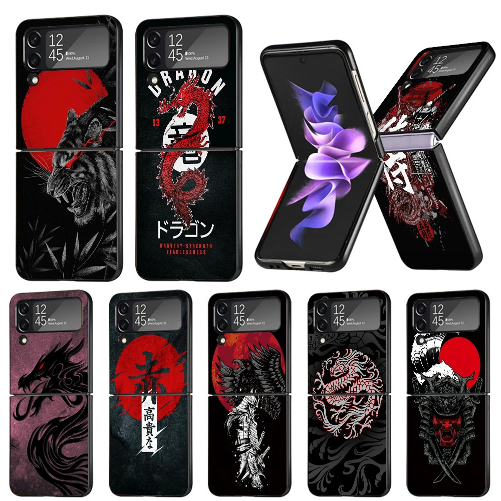 

Japanese Dark Dragon Tattoo Hard Black Cover for Samsung Galaxy Z Flip 4 3 5G Phone Case Flip4 Flip3 Pattern Luxury Shockproof C